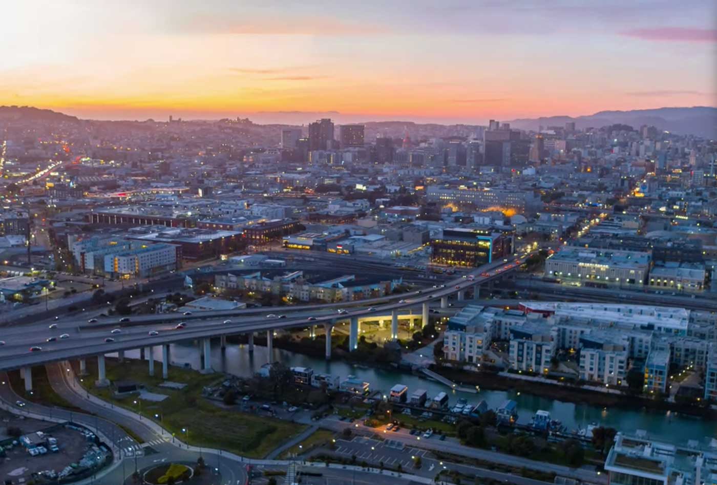 aerial view of city at sunset